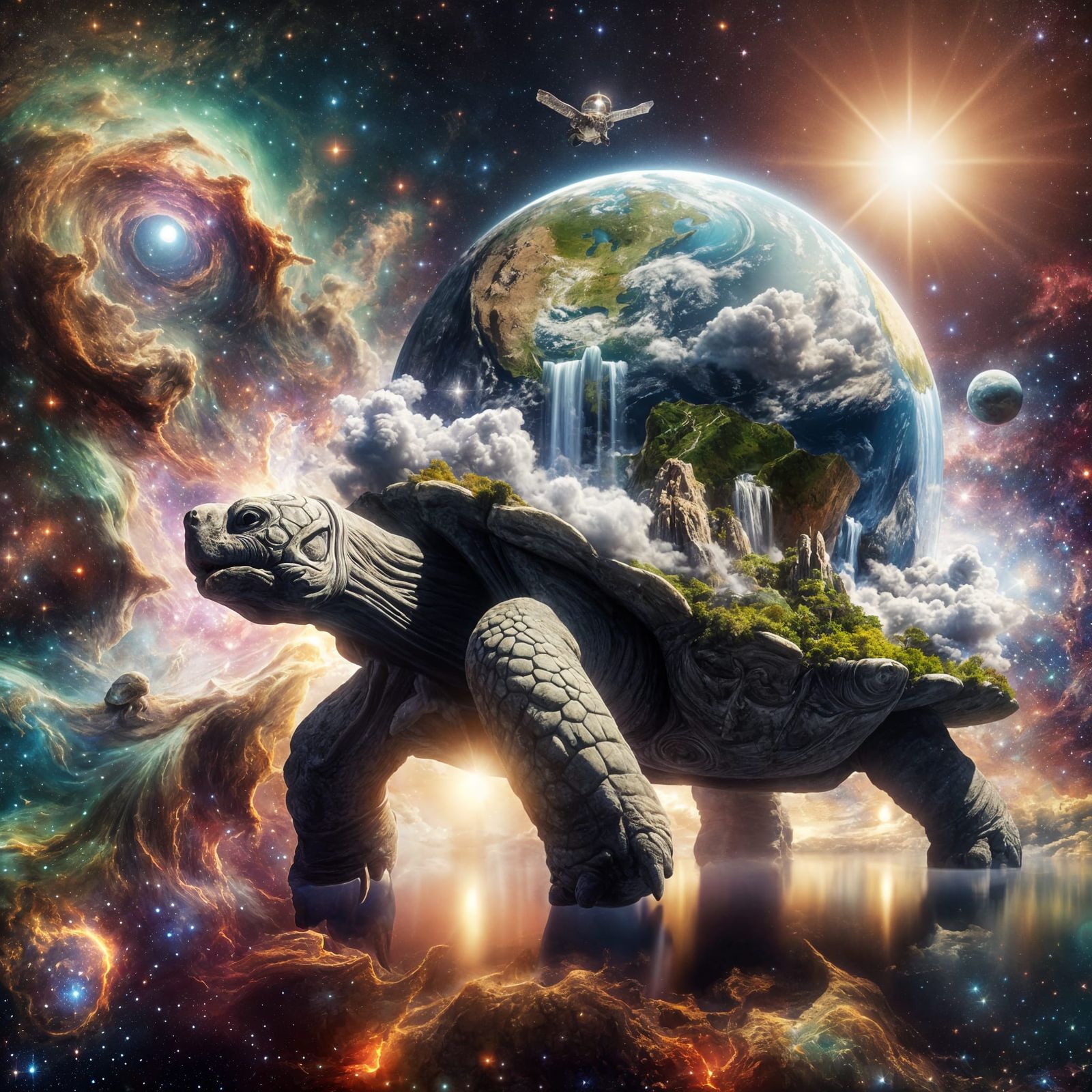 Celestial Tortoise Carries Earth Through Cosmic Nebula