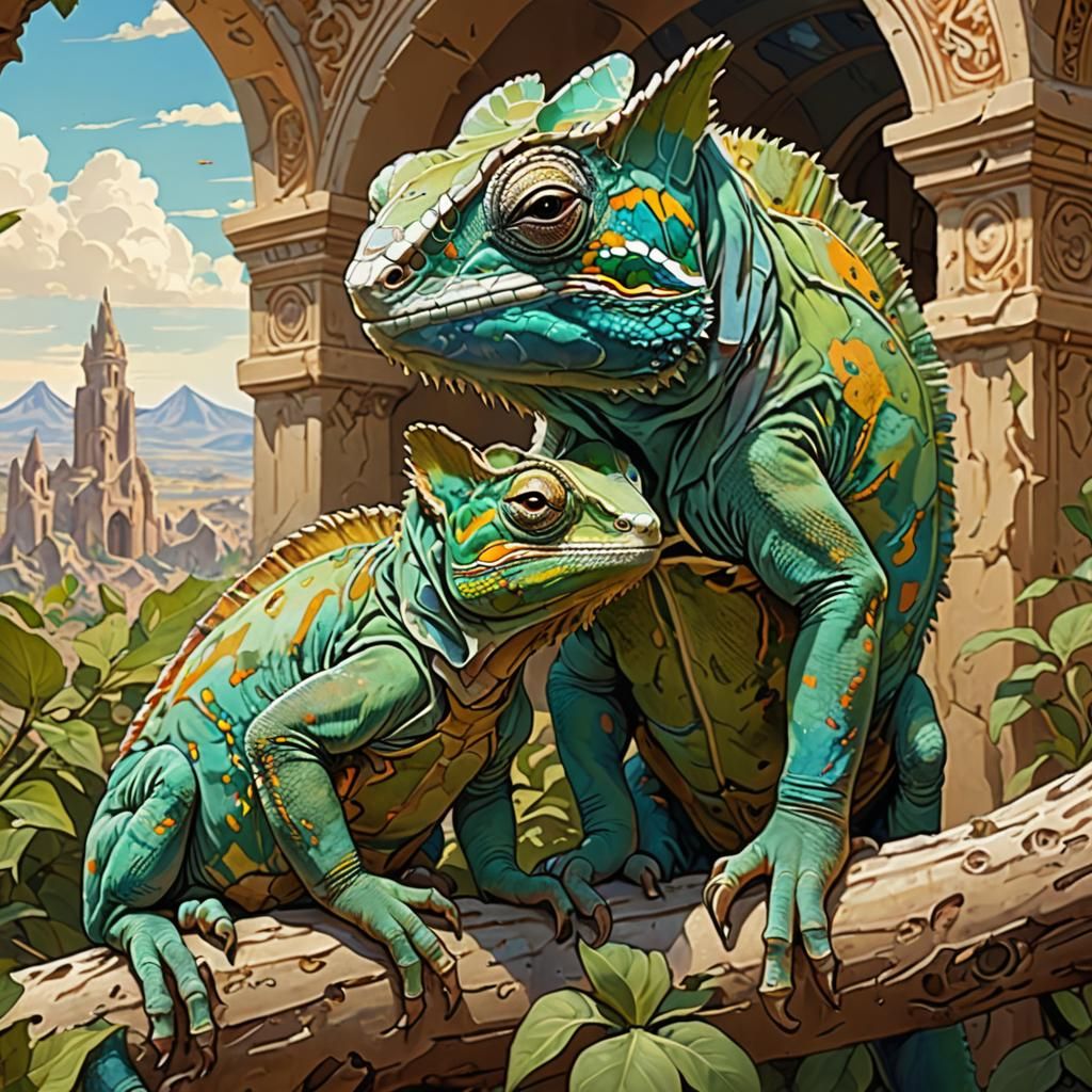 Chameleon Father and Cub in Mucha Style
