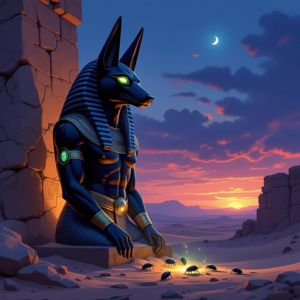 Anubis Statue Guards Desert Oasis at Twilight