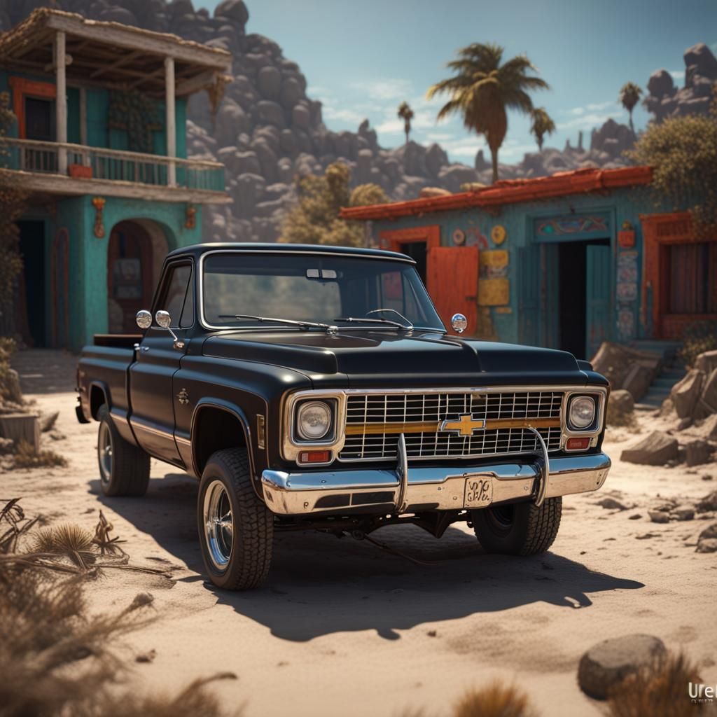 Black 1970 Chevy Truck on Mexican Beach