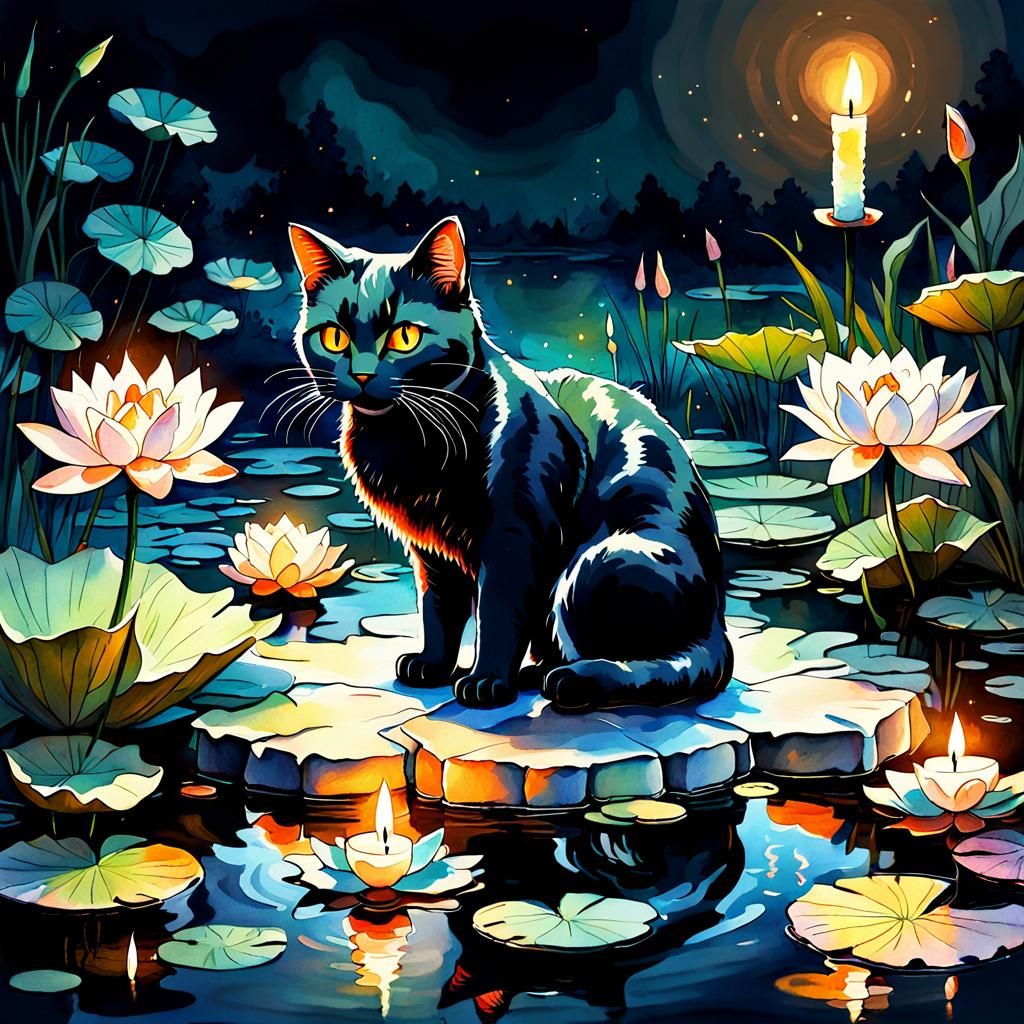 Zen Garden with Koi and Cat in Digital Watercolor