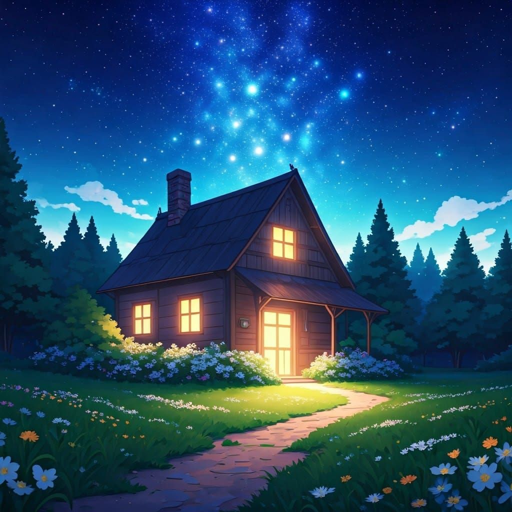 Romantic Anime Cottage Under Starry Night Sky
