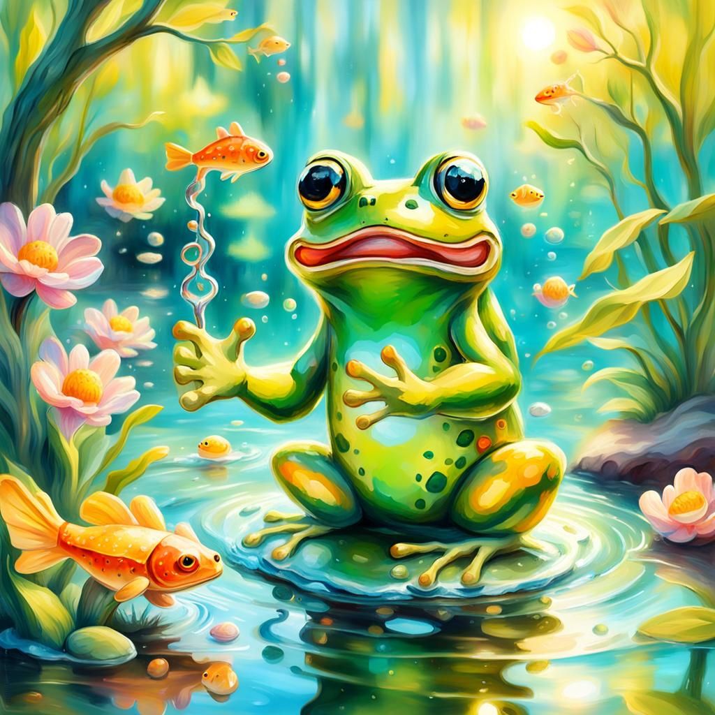 Whimsical Impressionistic Frog Fishing in Stream