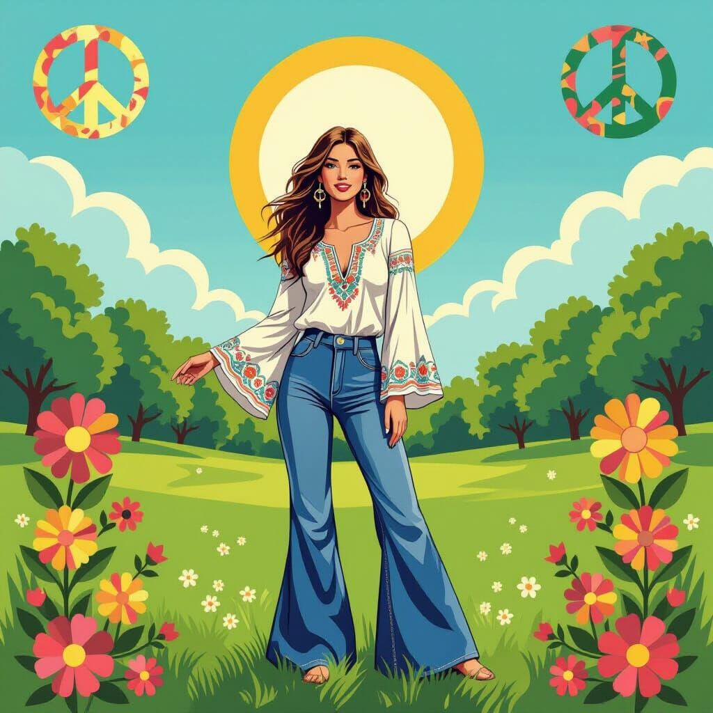 1970s Hippie Poster Art of Woman in Park
