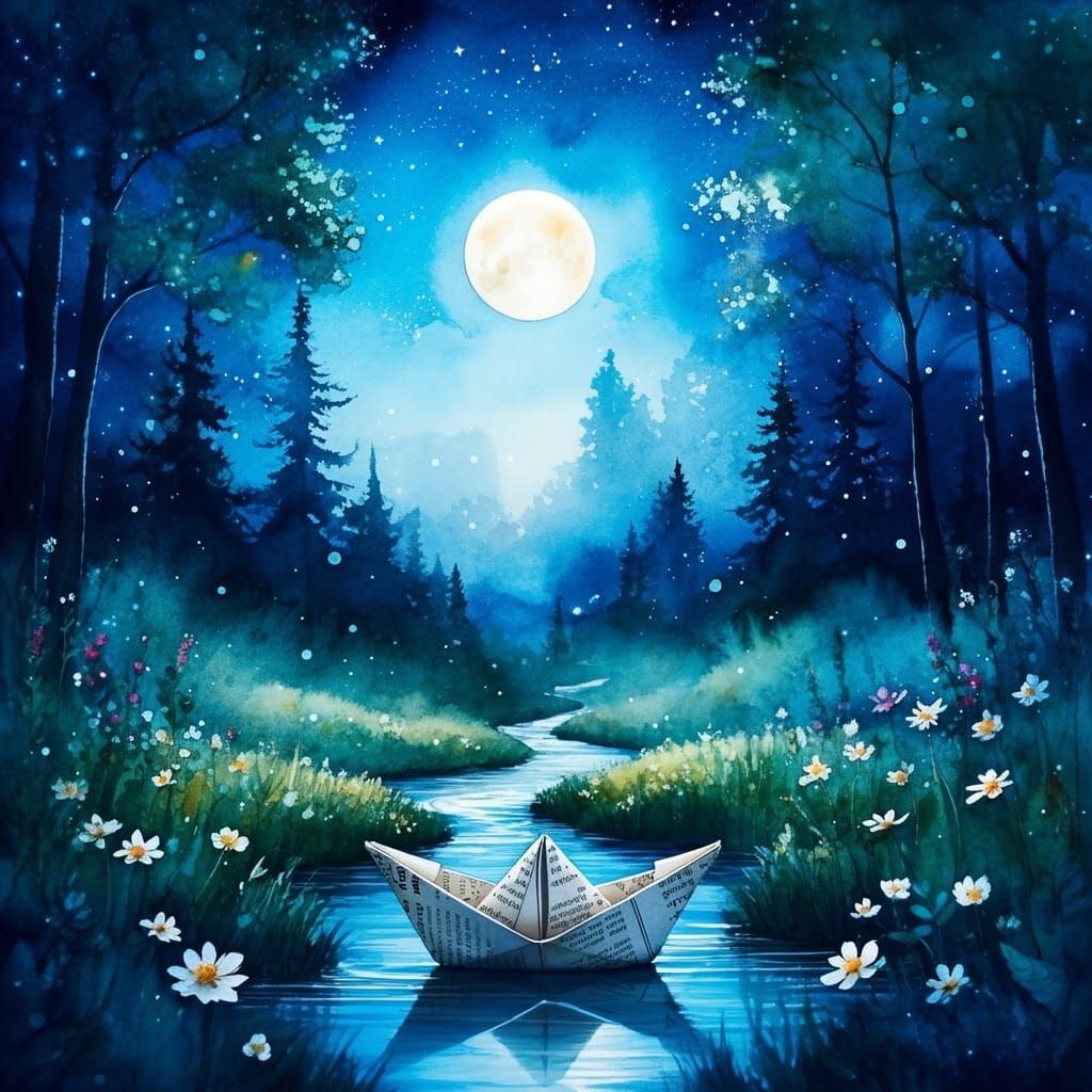 Paper Boat Floats Downstream in Watercolor Forest