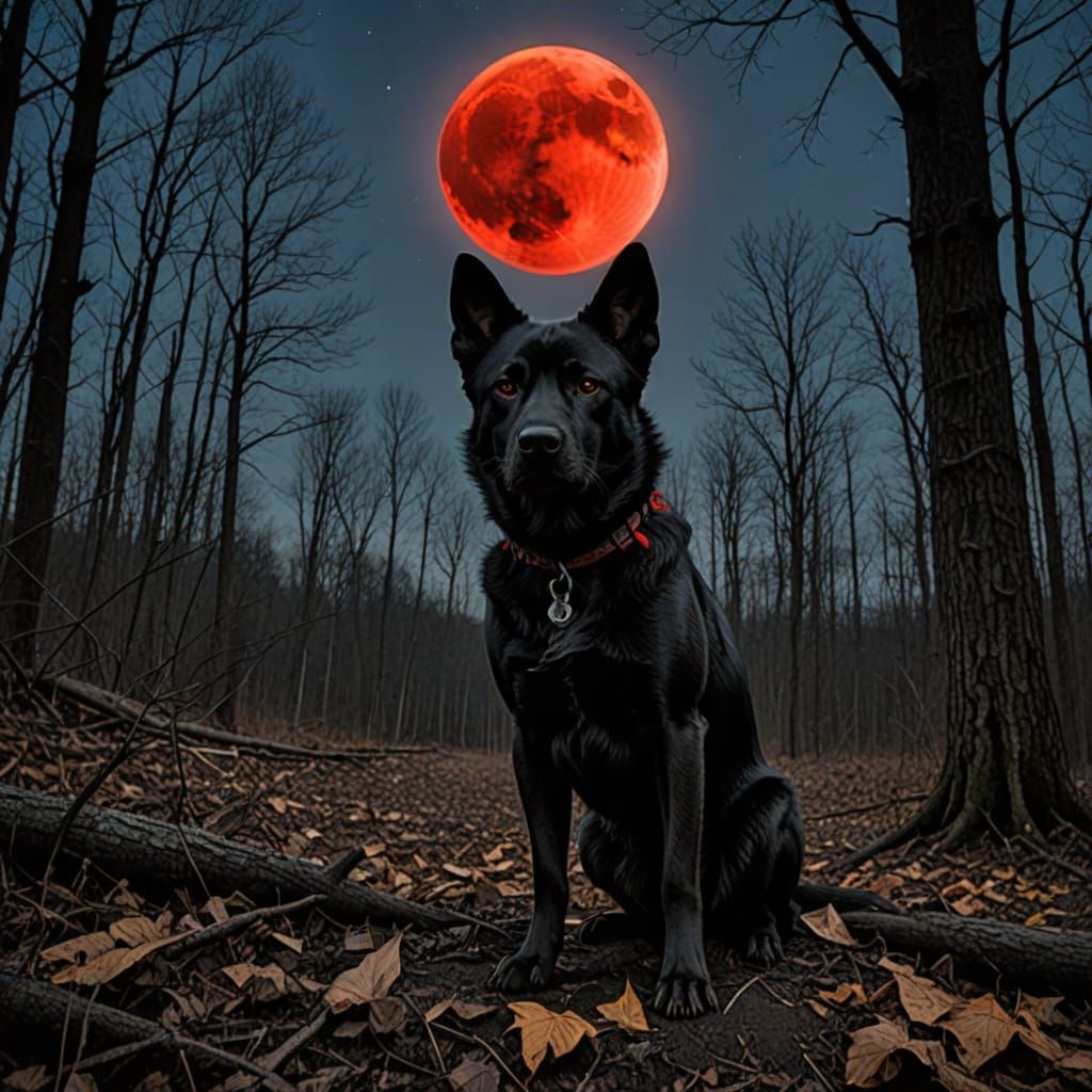 Devil Dog Under Blood Moon in Kentucky Forest