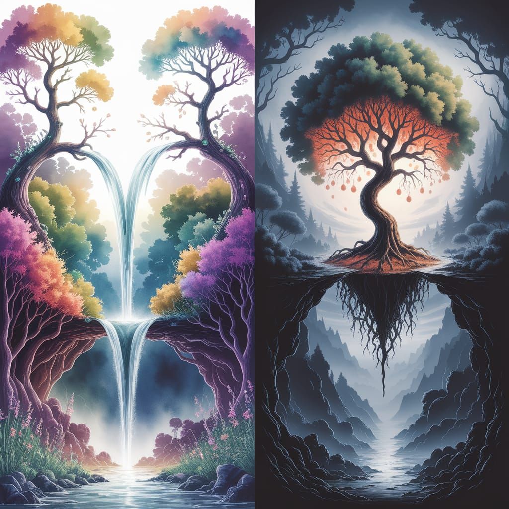 Whimsical Watercolor Tree in a Lush Forest with Rainbow Bloo...