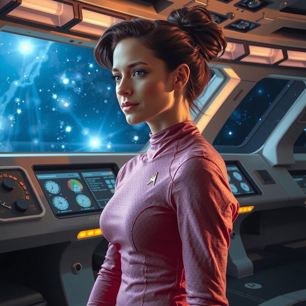 Starfleet Officer on Ship Bridge in Pink Uniform