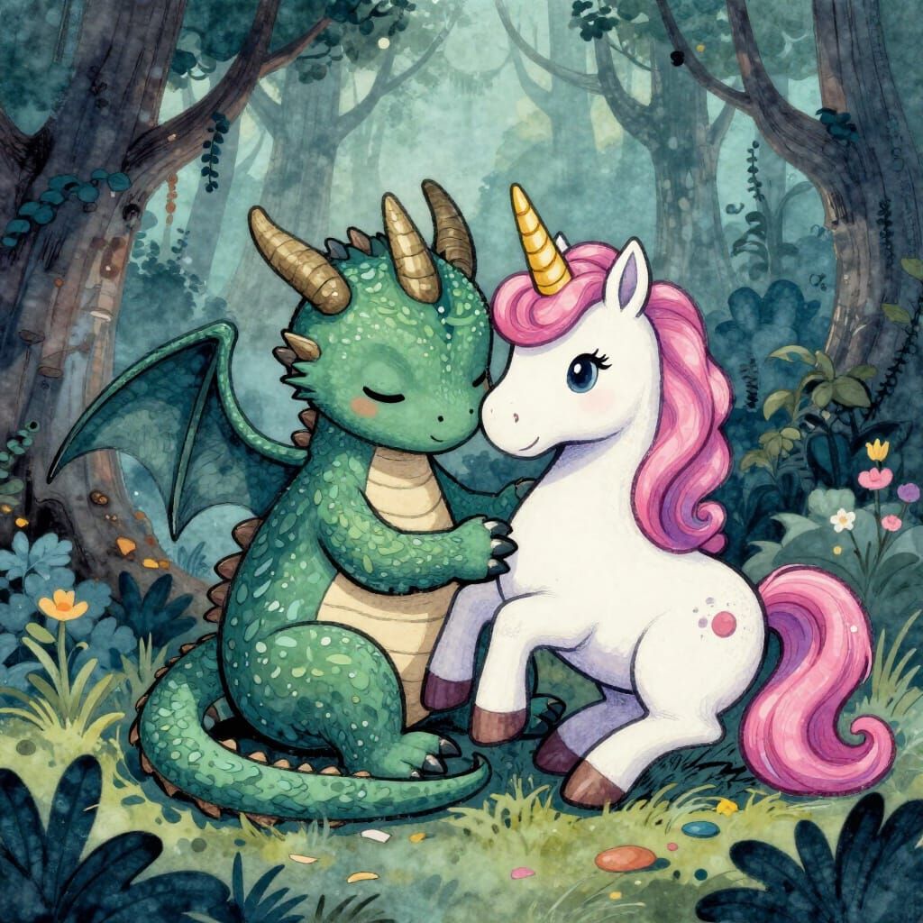 Baby Dragon and Unicorn Cuddling in Enchanted Forest