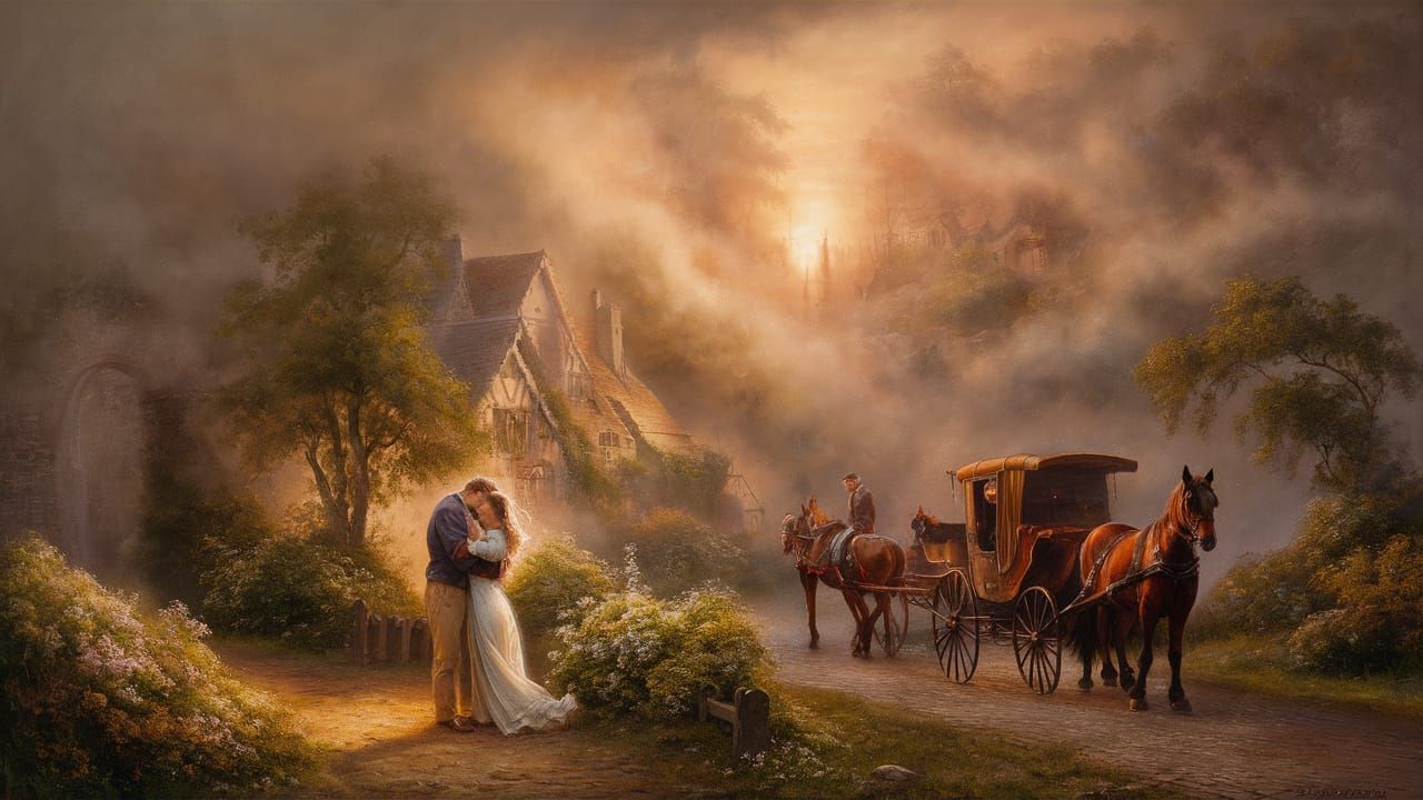 Ethereal Village Scene in Golden Hour Light