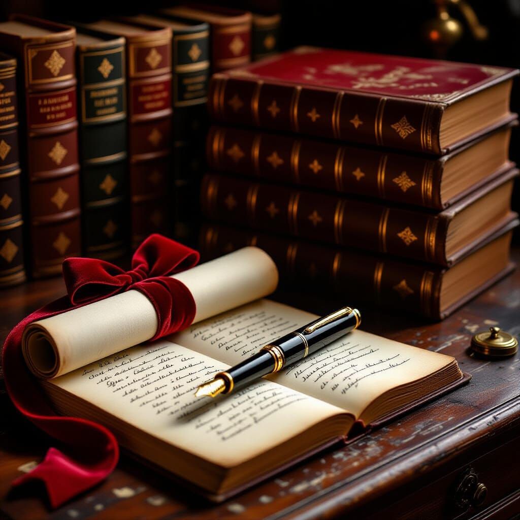 Vintage Pen and Scroll with Library Books