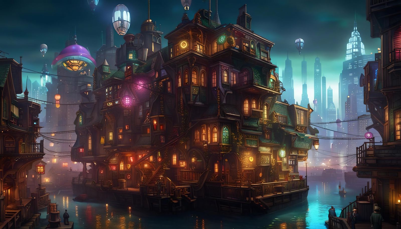 A quaint floating victorian steampunk town hovering over a b...