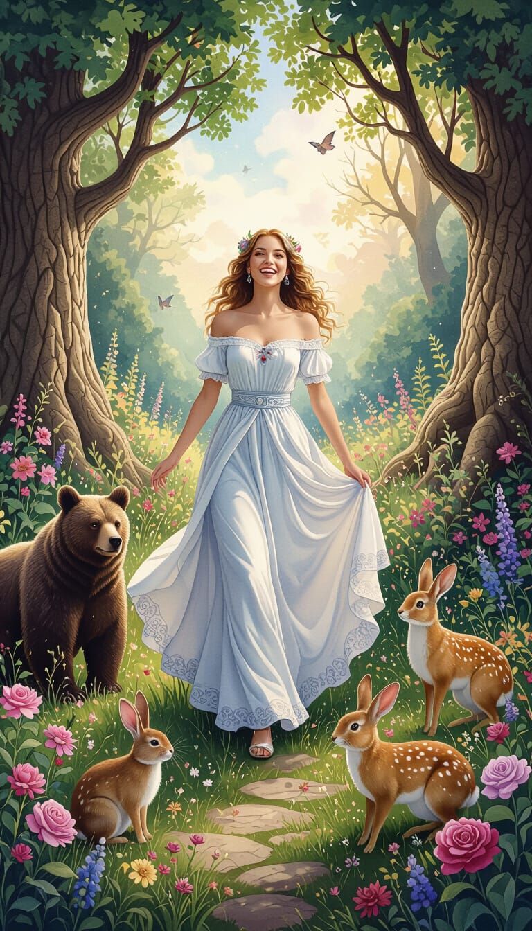 Woman's Freedom in Garden: Watercolor-Style Cosmic Illustrat...