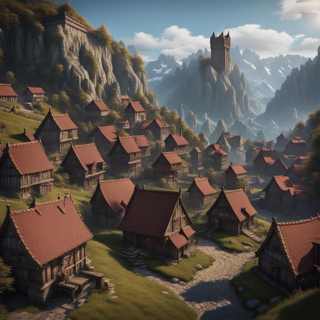 Mountain Mining Village in Detailed Matte Painting