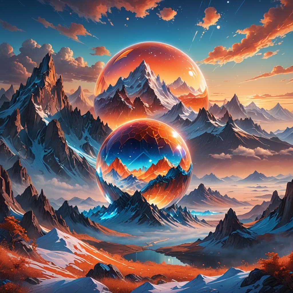 Super Ball Above Crystalline Mountains: Digital Art