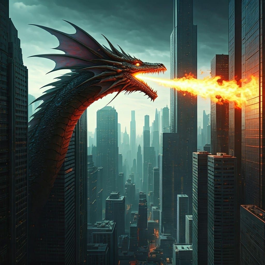 Dragon Breathing Fire Over Futuristic Cityscape