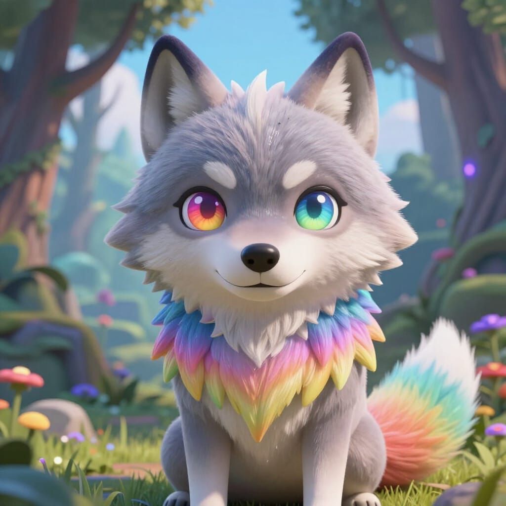 Kawaii Rainbow Wolf in Magical Forest - 3D Anime Art