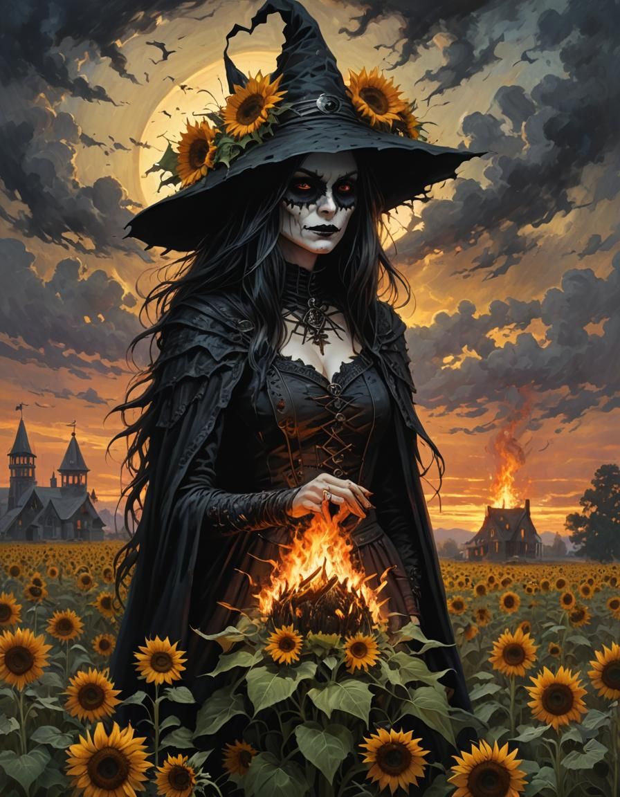 Gothic Witch at Summer Solstice Bonfire