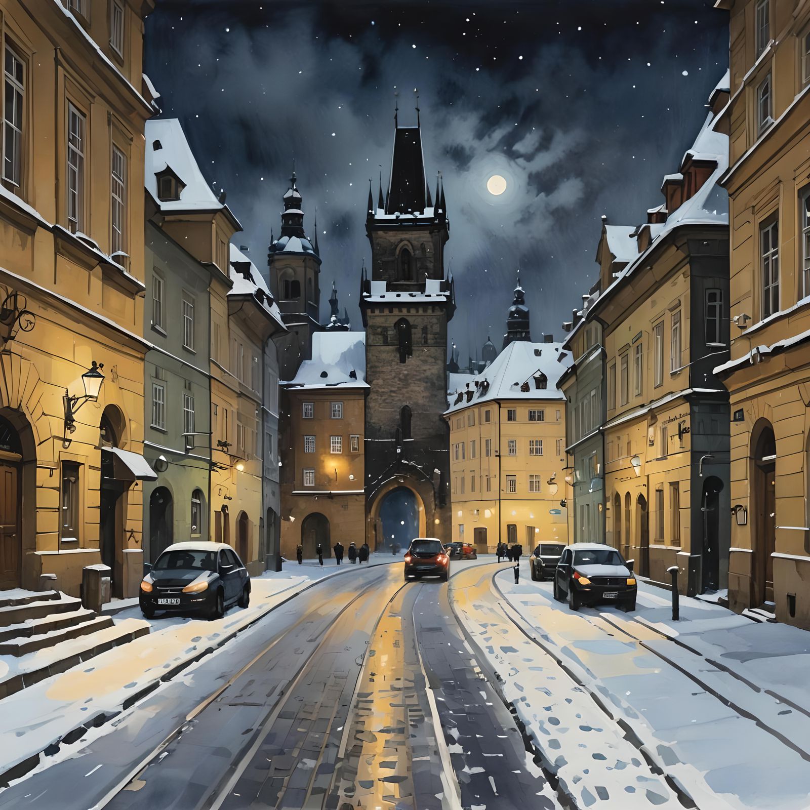 Snowy Prague Street Gouache Painting at Night