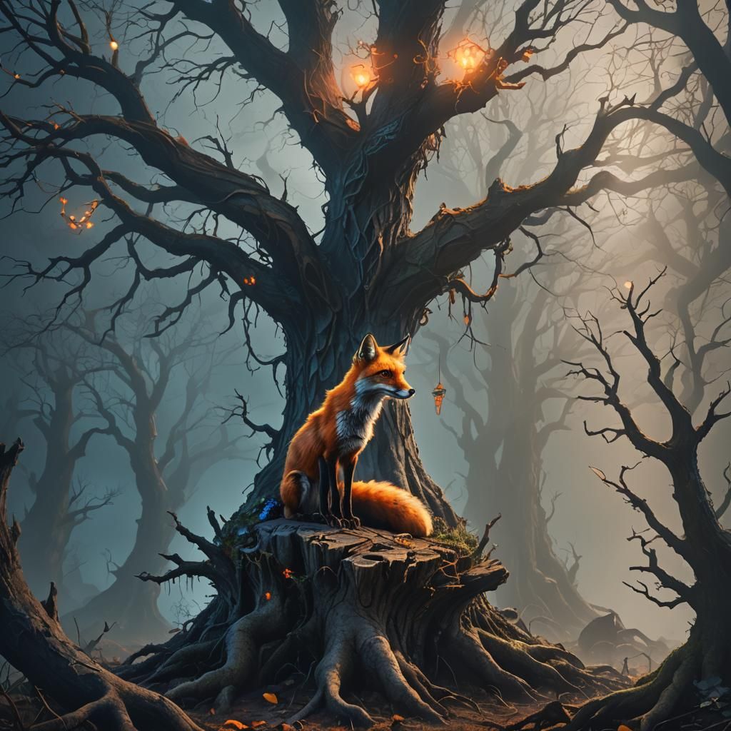 Eerie Fox on Misty Stump: Digital Matte Painting