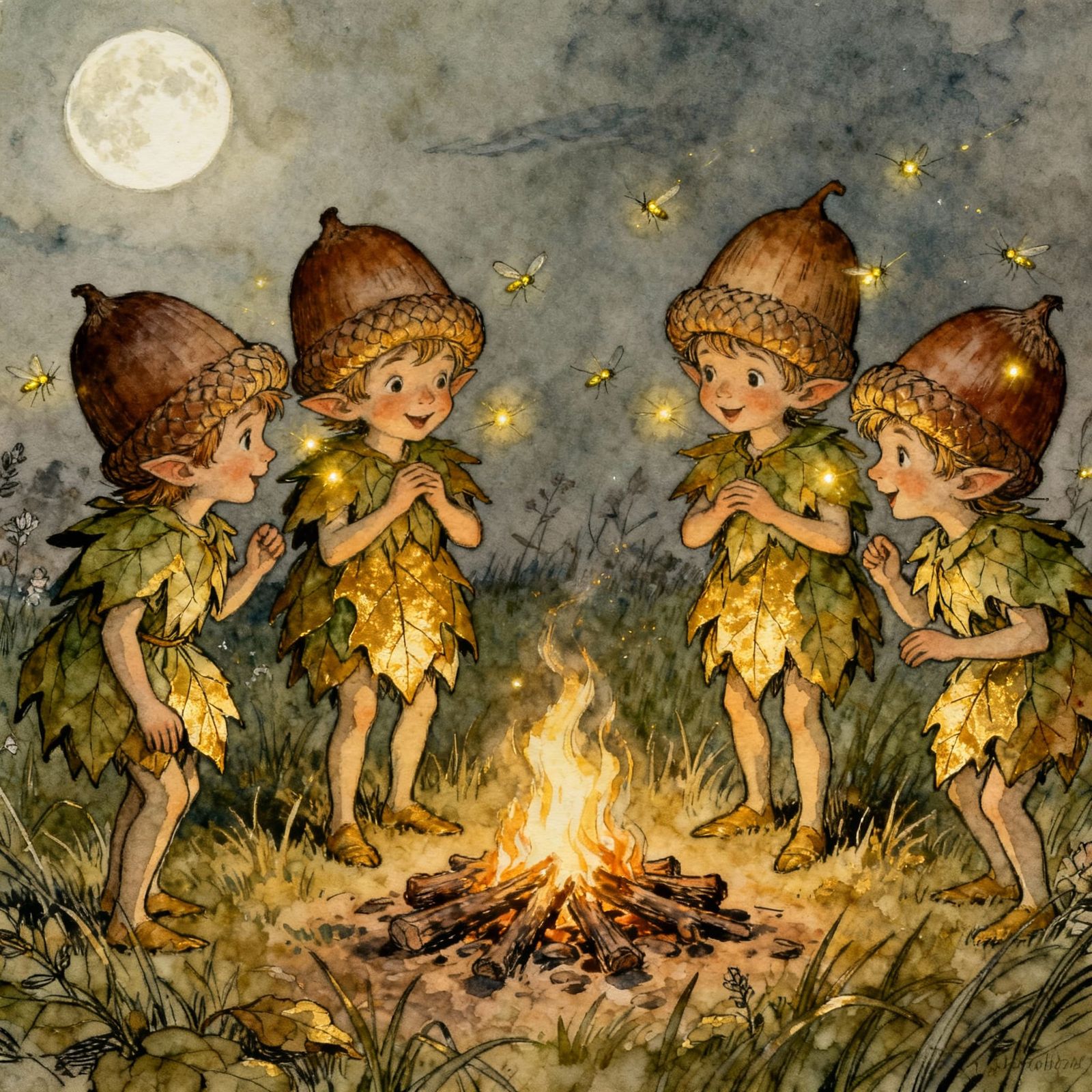 Mischievous Sprites Around Campfire in Rackham Style