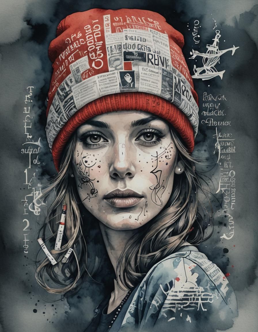 Surreal Typographic Portrait of Woman with Red Beanie