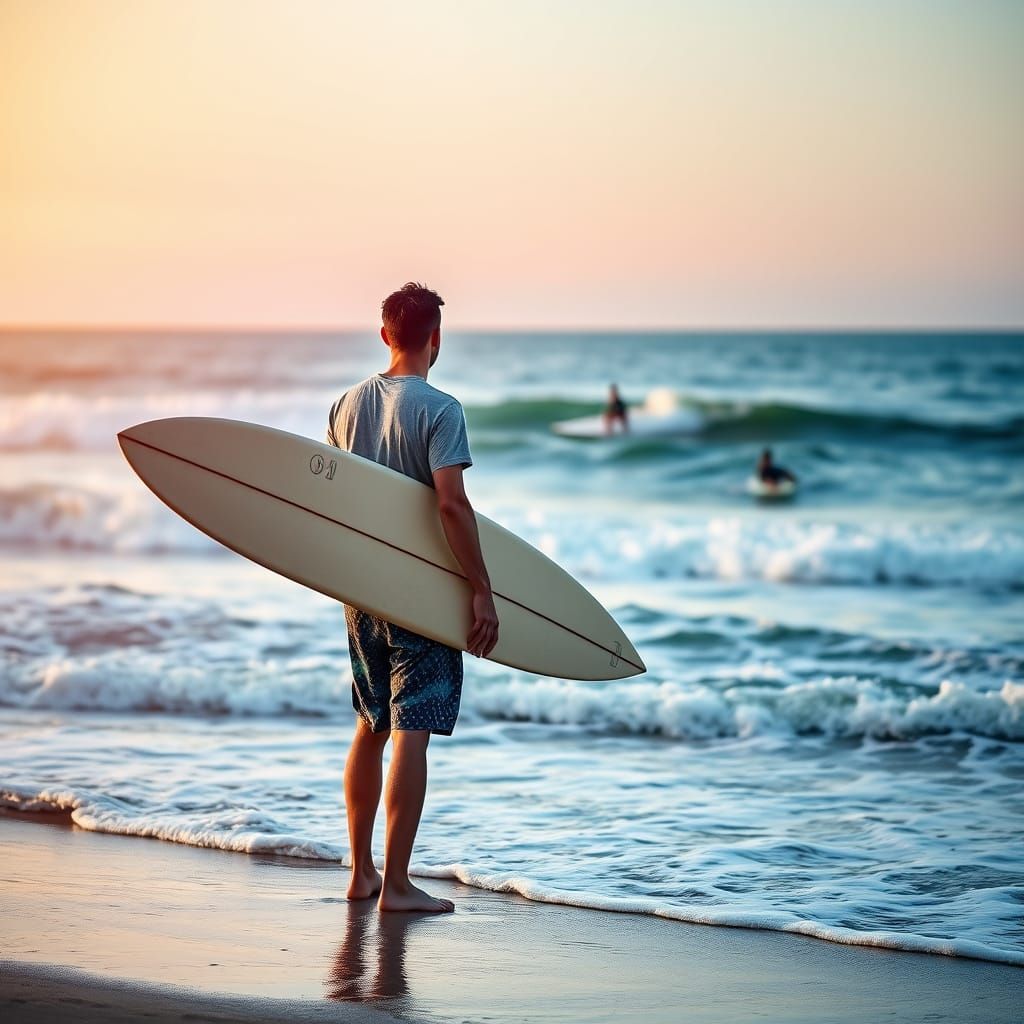 Surfer Contemplates Sunrise Over the Ocean