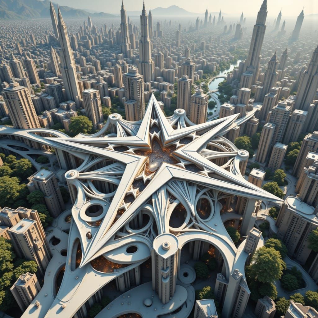 Surreal Cityscape with Impossible Geometry and Star