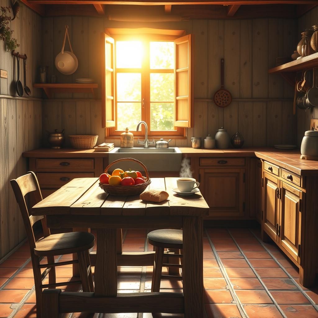 Rustic Kitchen with Fruit, Bread, and Coffee