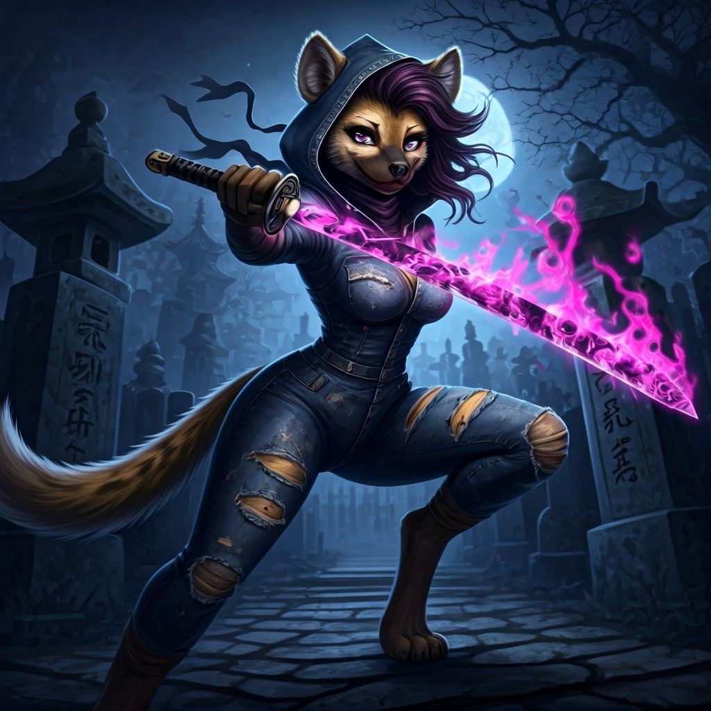 Denim Hyena Ninja Leaping in Cemetery