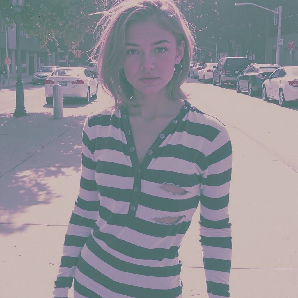 Girl in Striped Jumpsuit, Analog Film Style