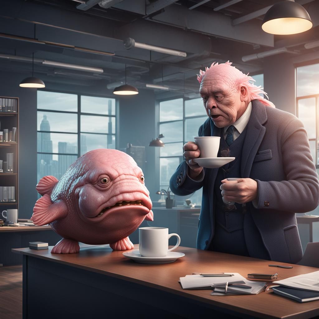 Blobfish Human Hybrid at Office: Digital Matte Painting