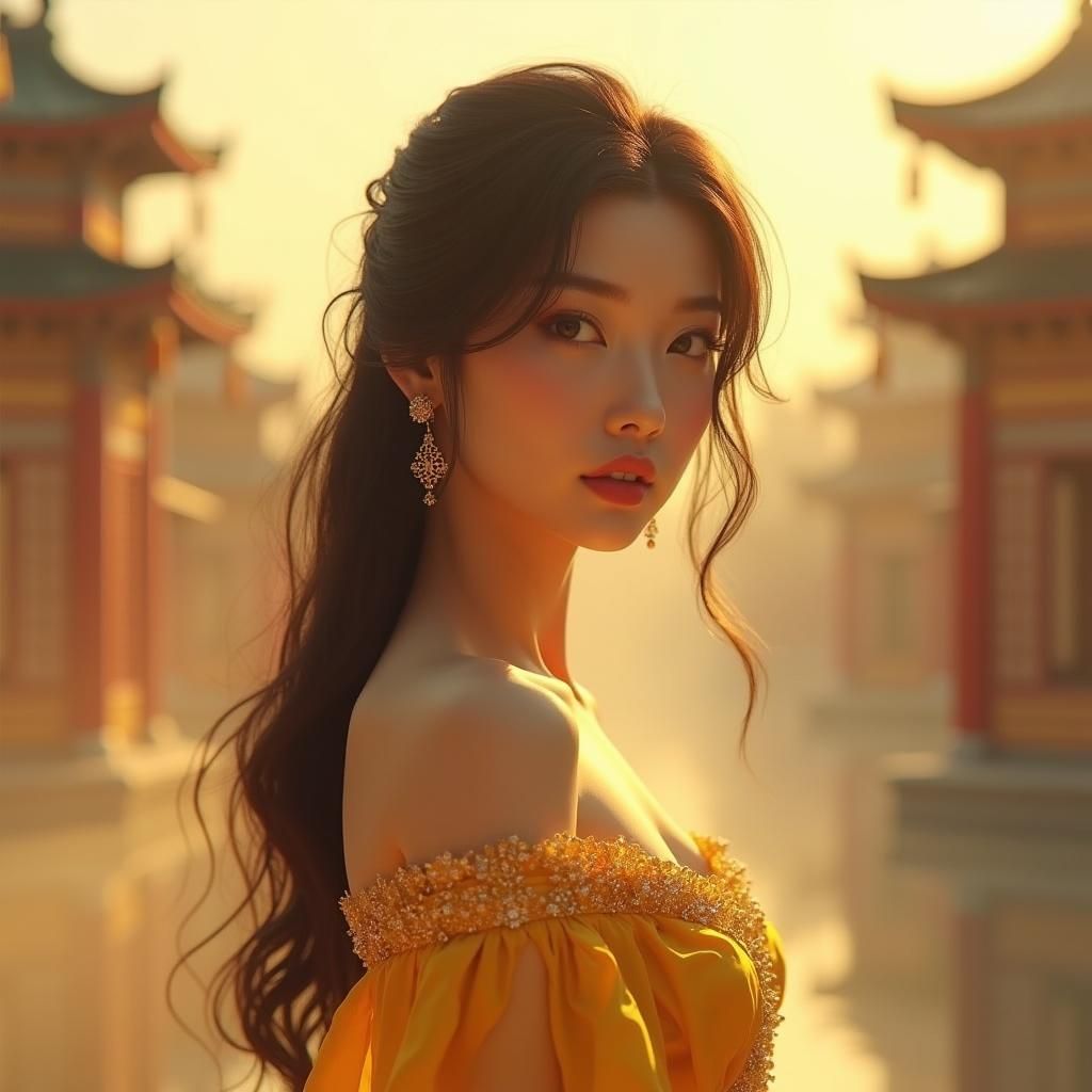 Asian Woman in Yellow Gown, Art Nouveau Style