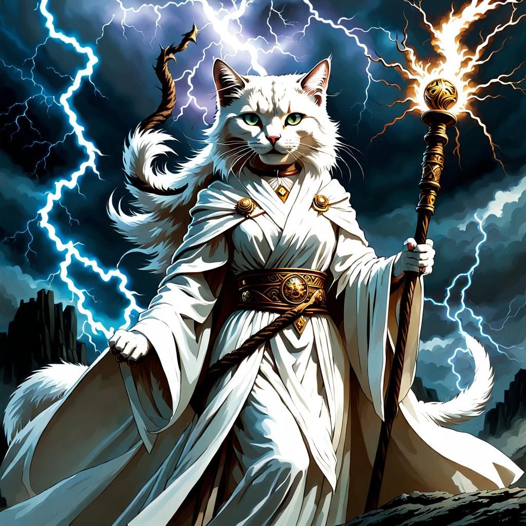 Anthropomorphic Cat Druid Summons Storm