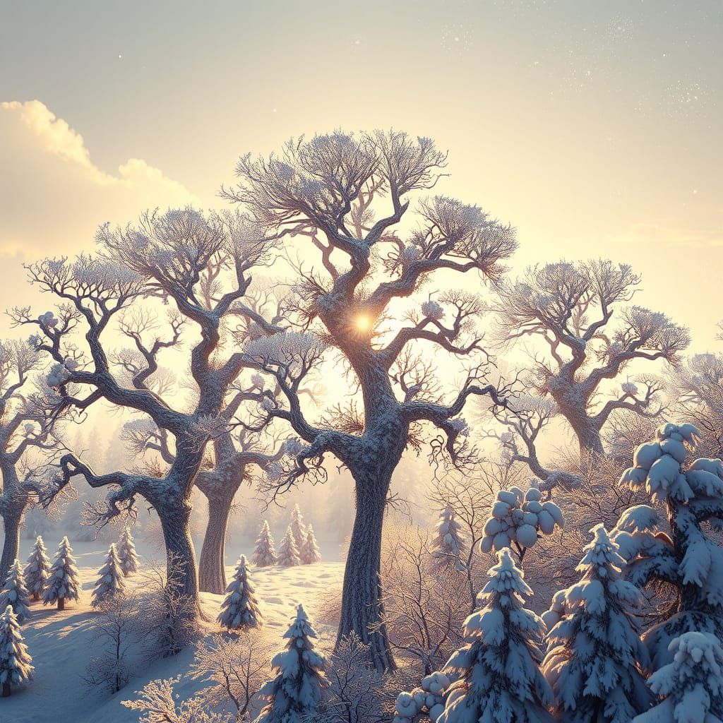 Majestic Fractal Trees in Winter Sunrise, HDR Concept Art