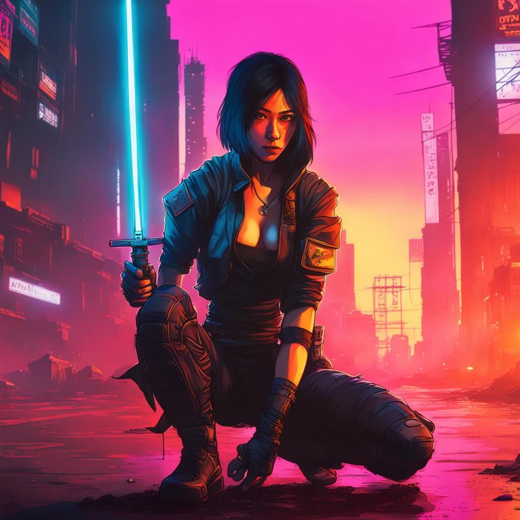 Cyberpunk Ninja Assassin Sunset Silhouette