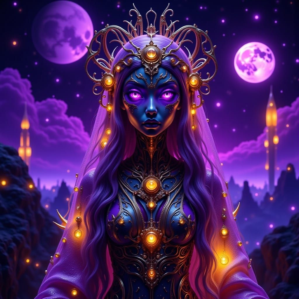 Bioluminescent Alien Woman in Sci-Fi Cityscape