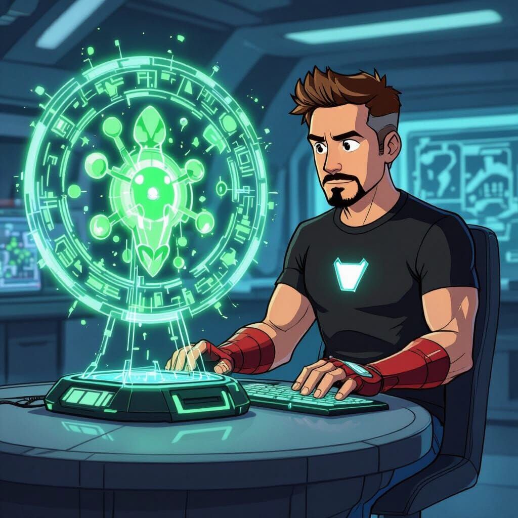 Tony Stark in Lab with Omnitrix, Cartoon Style