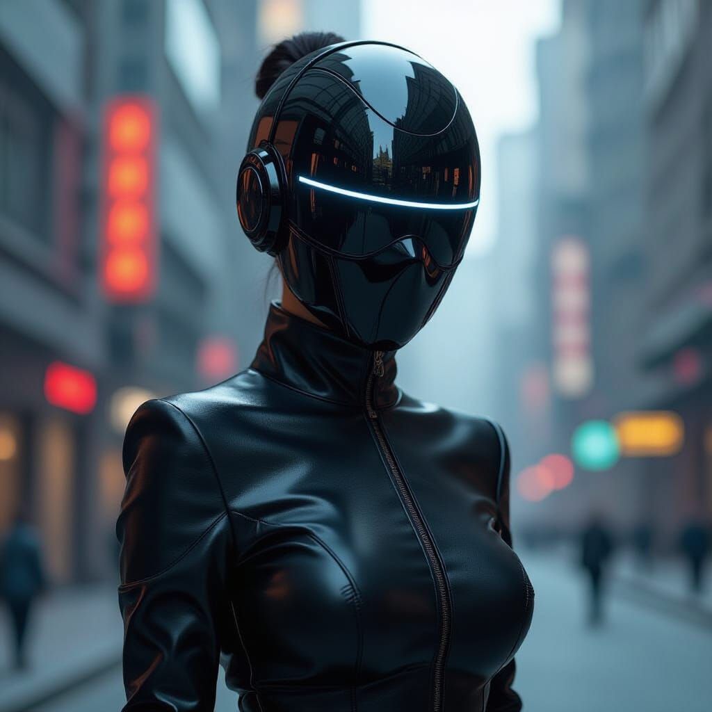 Futuristic Woman in Dystopian City, Cyberpunk Style