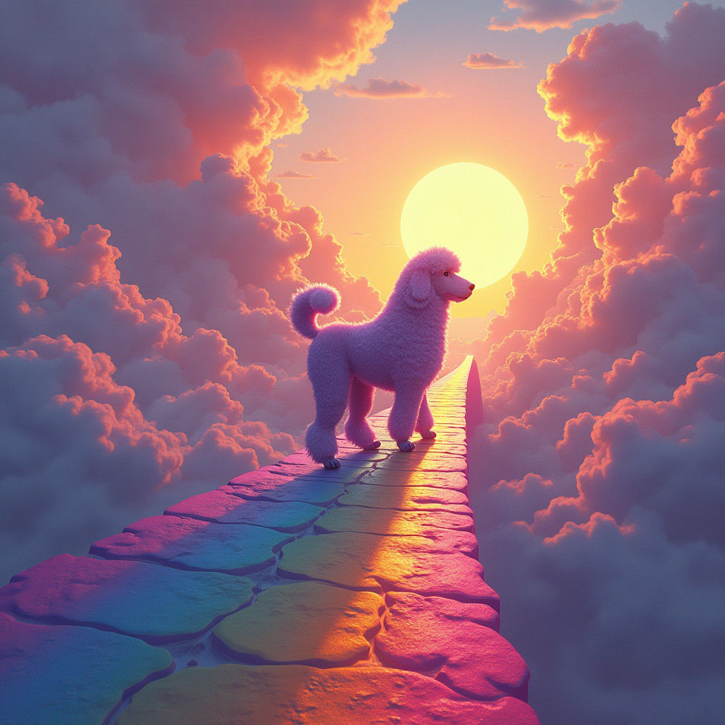 Poodle Ascends Rainbow Bridge: Hyperrealistic Dreamscape