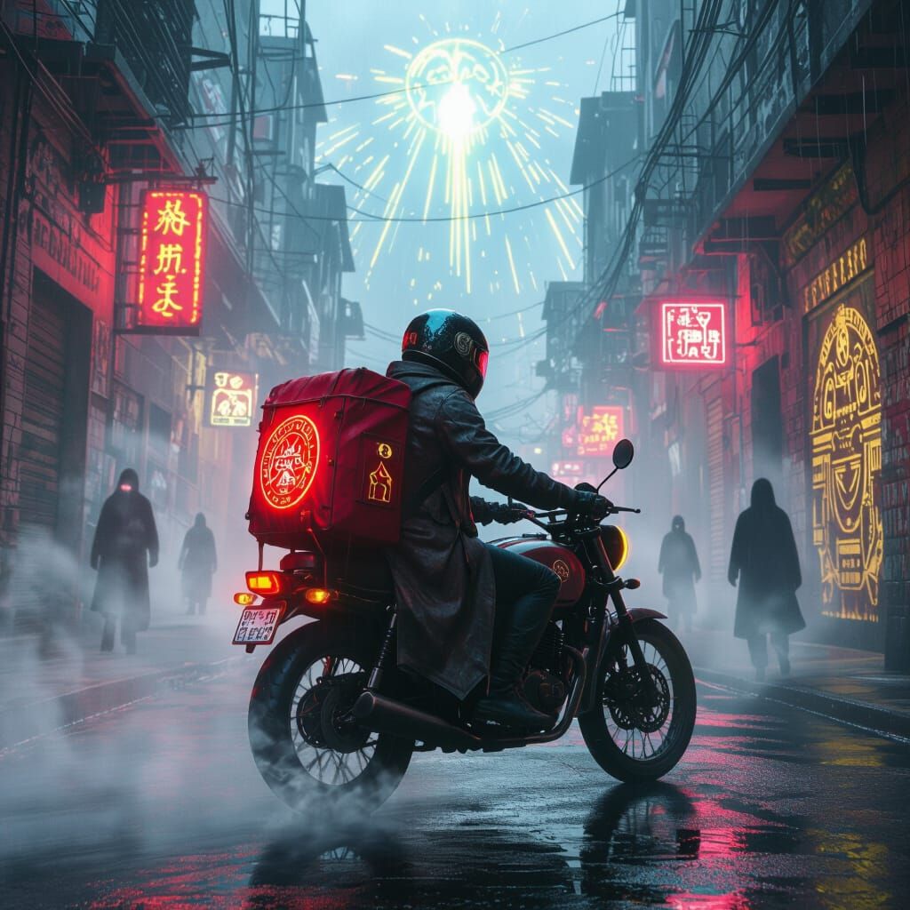 Dystopian Messenger on Motorbike with Glowing Backpack