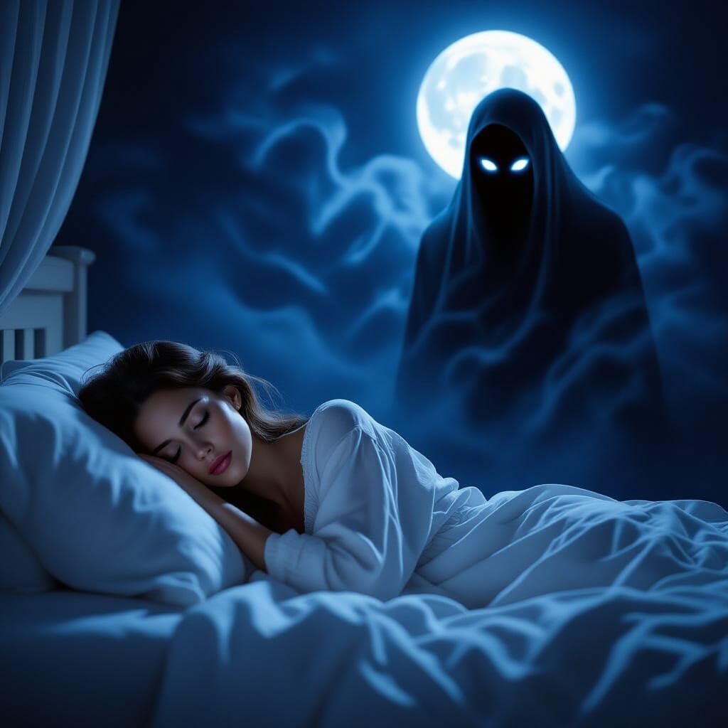 Serene Woman and Shadowy Figure in Dimly Lit Bedroom