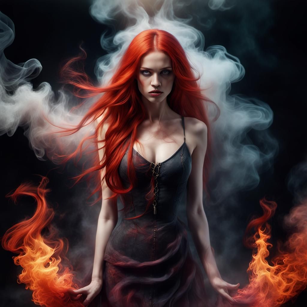 Smoldering Woman Emerges from Smoke in Digital Art