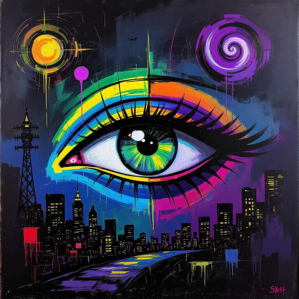 Fractured Eye in Chaotic Urban Landscape, Visionary Art Styl...