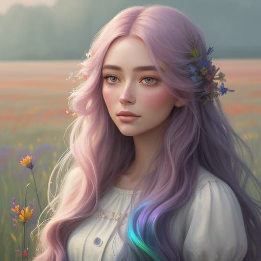 Ethereal Woman in Wildflower Field Digital Painting