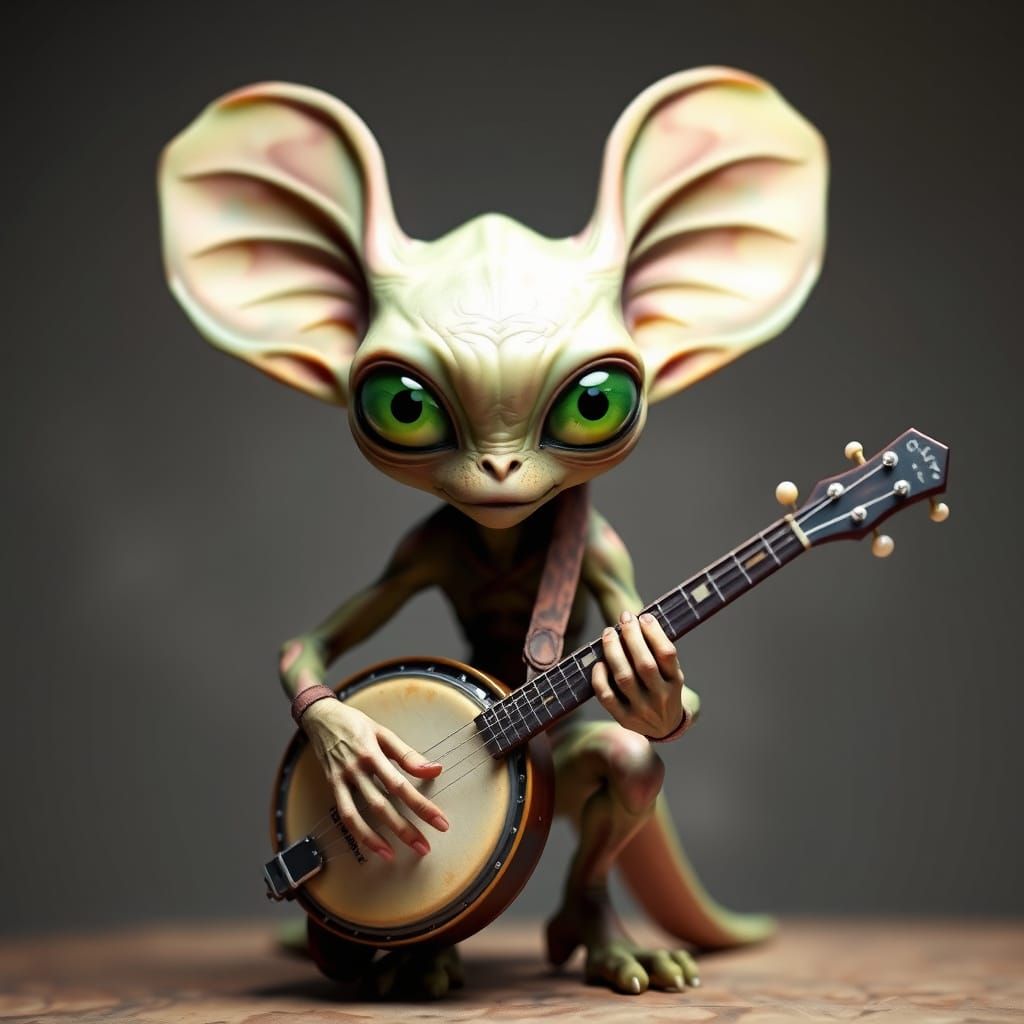 Alien Bluegrass Musician Plays Banjo in a Cosmic Setting