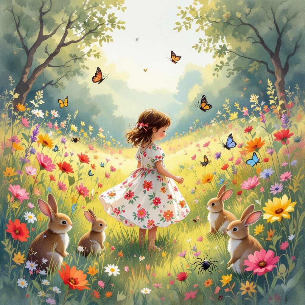 Whimsical Meadow Scene with Girl and Animals