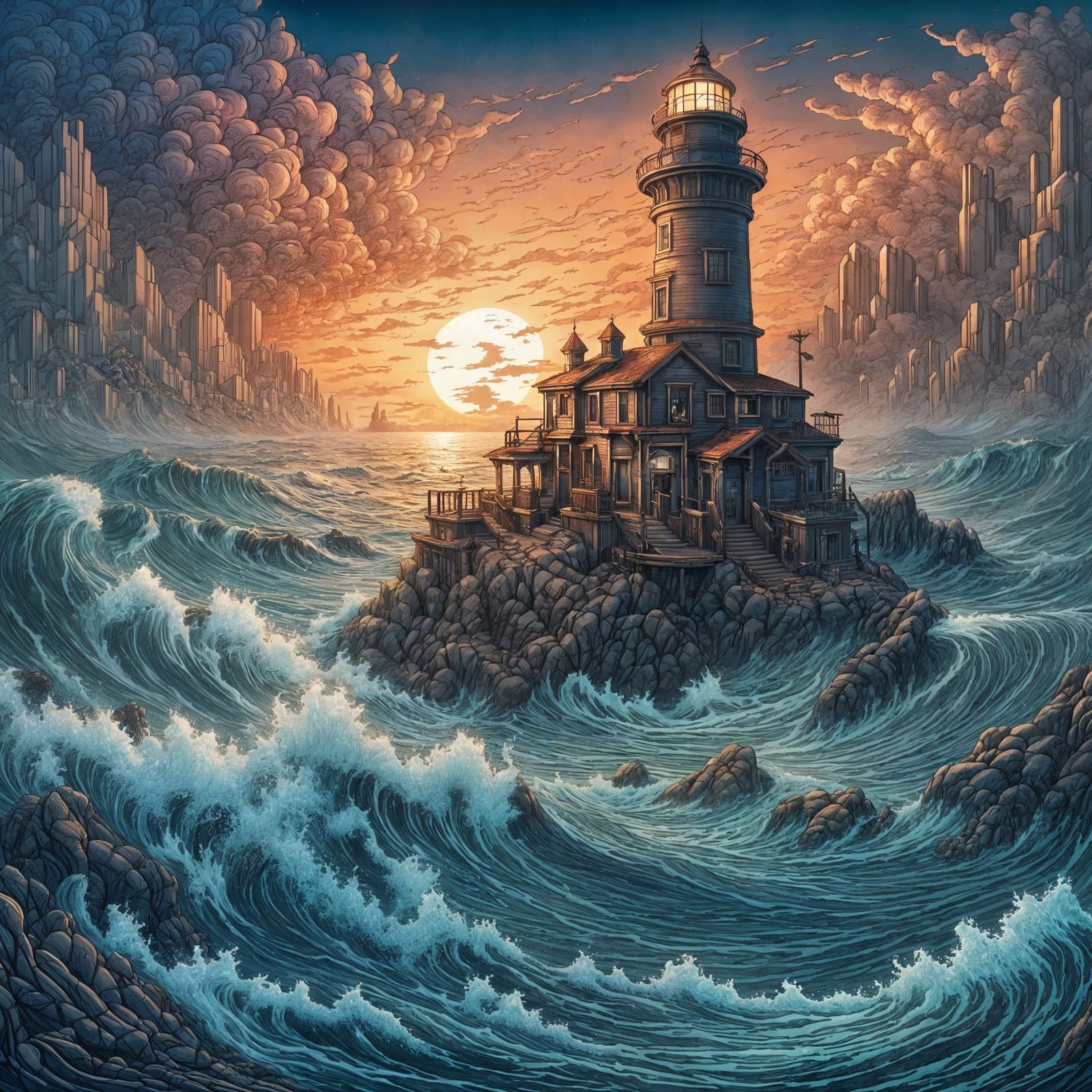 Chaotic Seascape Lighthouse in Detailed Line Art Style