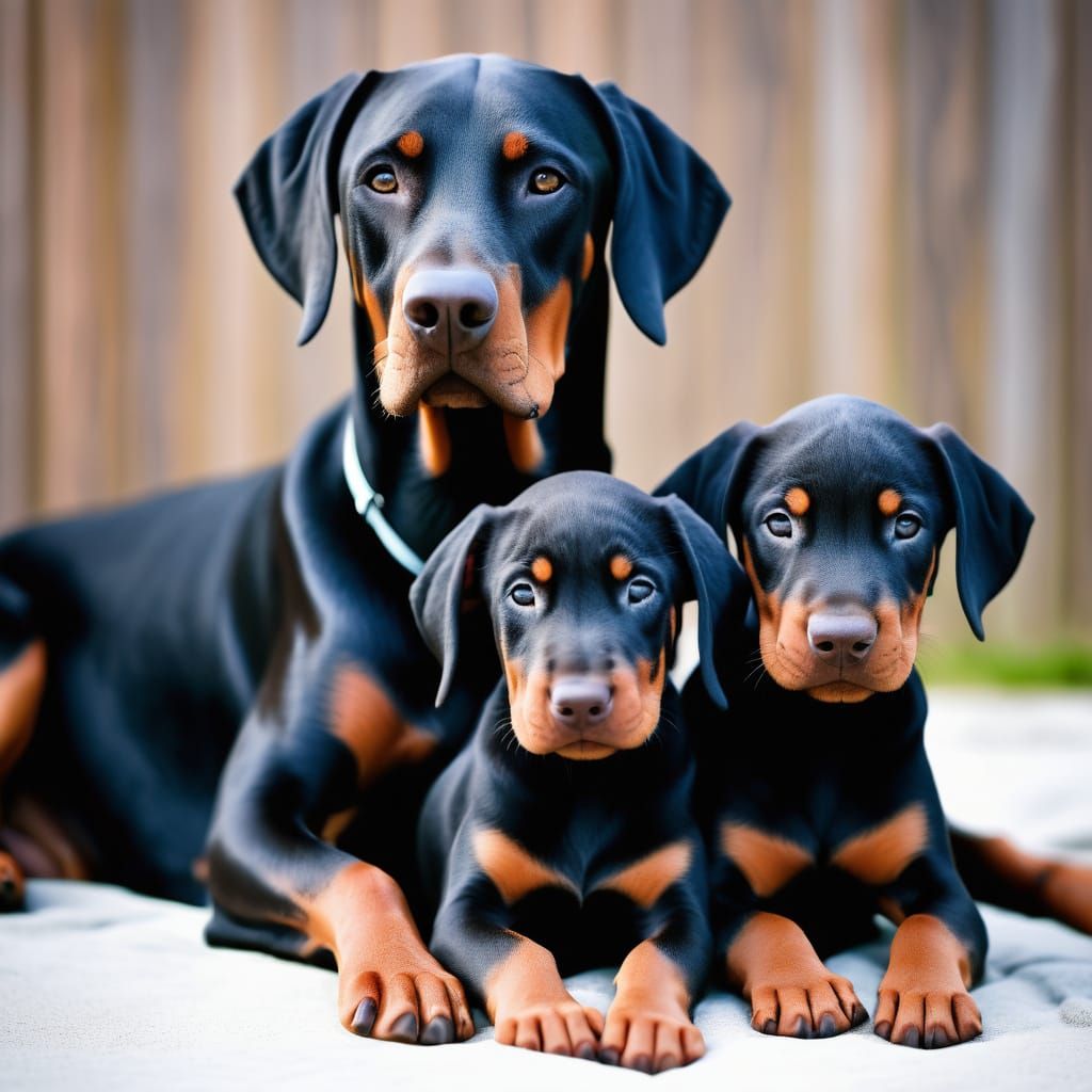 Adorable Doberman Puppies Snuggle with Loving Mother