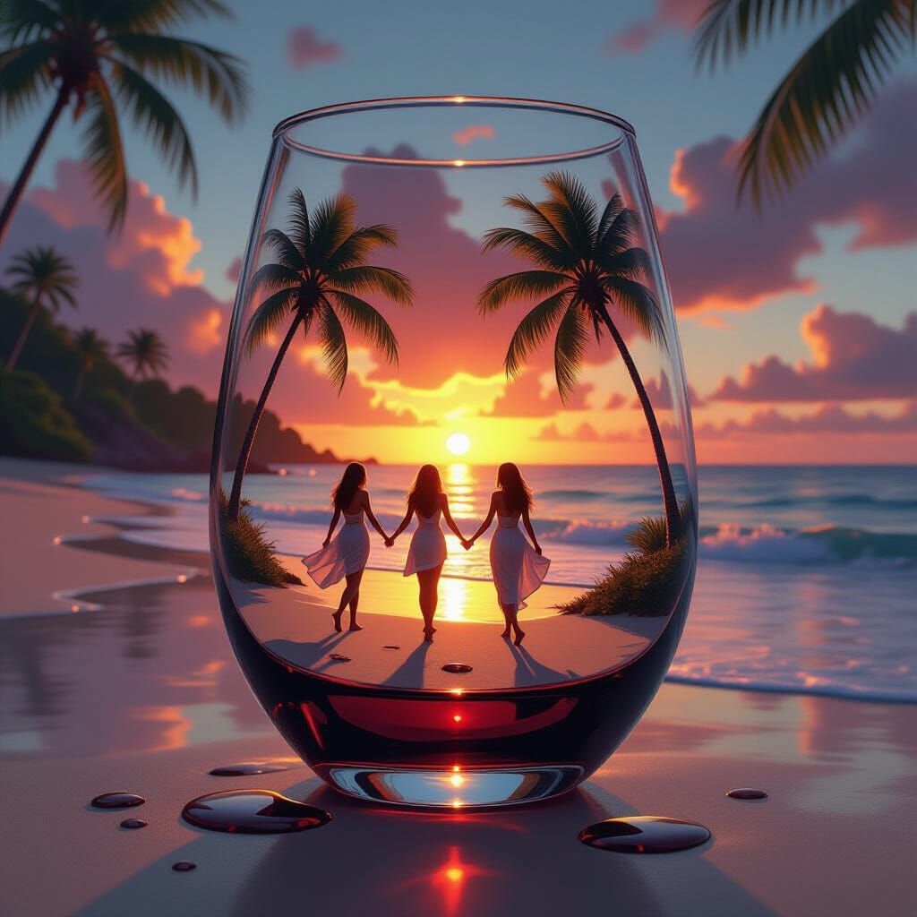 Tropical Beach Scene Inside Wine Glass at Sunset